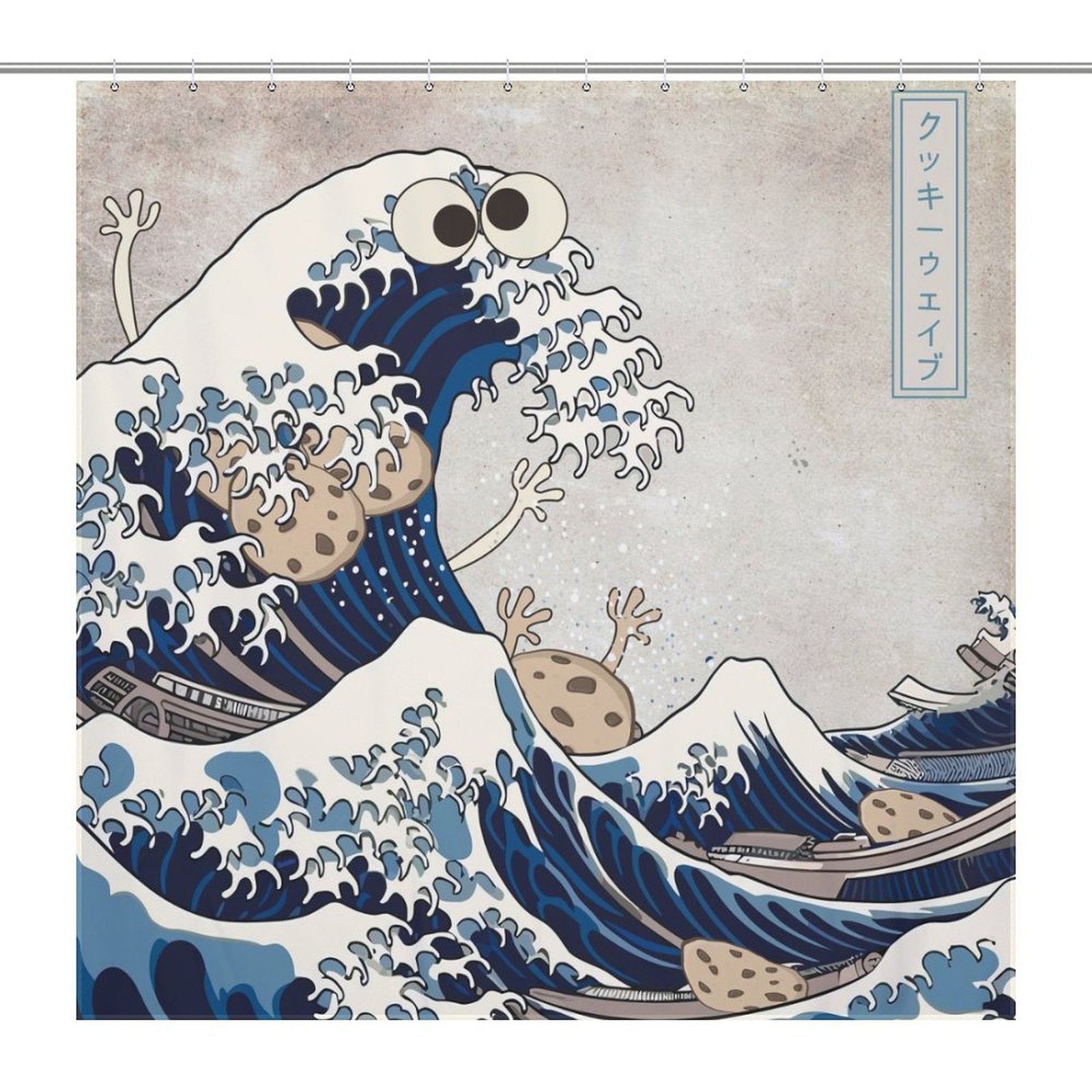 A cartoon depiction of cookies with googly eyes riding a Funny Wave Monster Eating Cookies Shower Curtain-Cottoncat, inspired by the famous artwork "The Great Wave off Kanagawa." This whimsical bathroom decor by Cotton Cat will bring a touch of humor to your space.