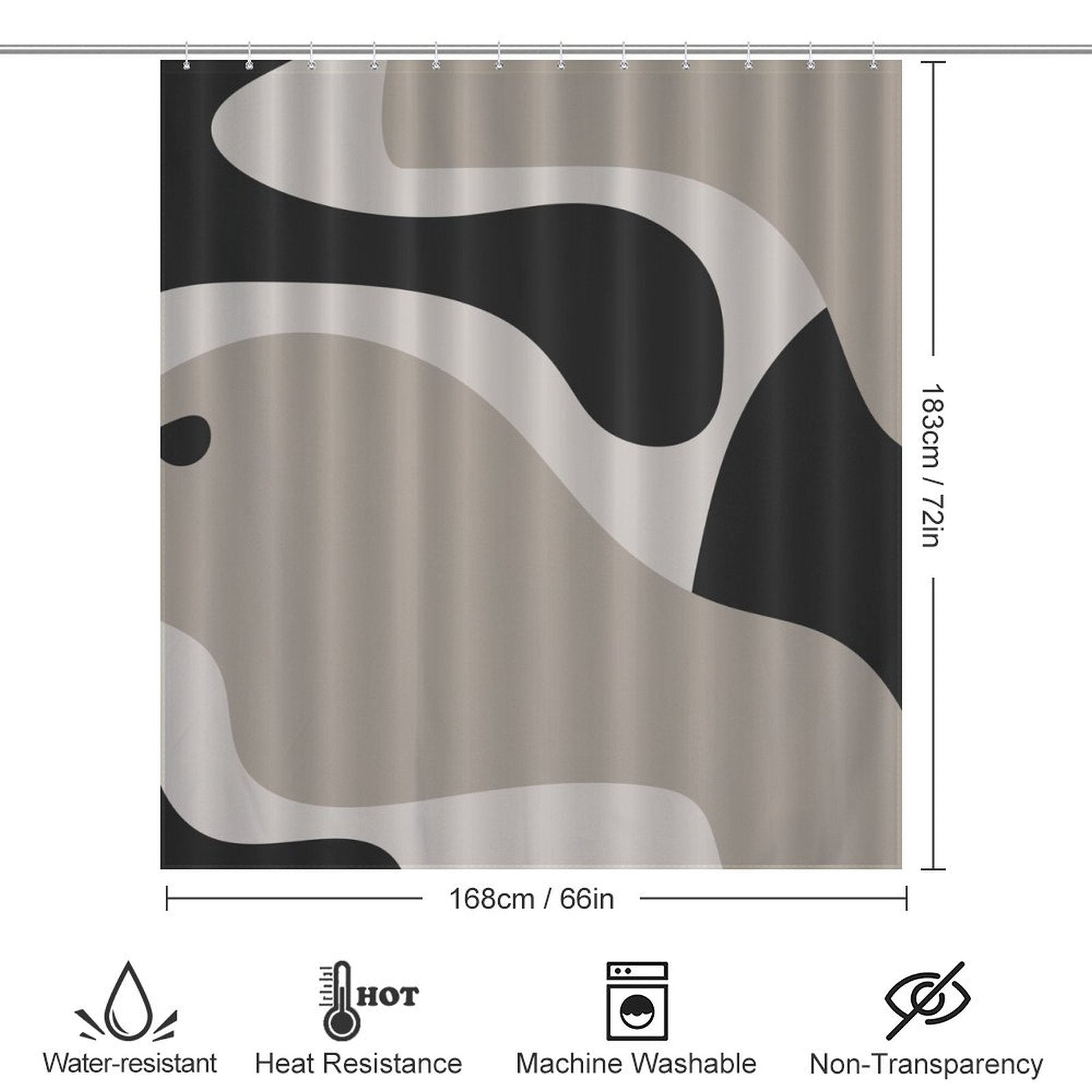 A Cotton Cat Modern Geometric Art Minimalist Curve Beige Black and Grey Abstract Shower Curtain-Cottoncat featuring minimalist abstract curves in black, white, and gray. Below are icons indicating it is water-resistant, heat-resistant, machine washable, and non-transparent. Dimensions are 183 cm x 168 cm.