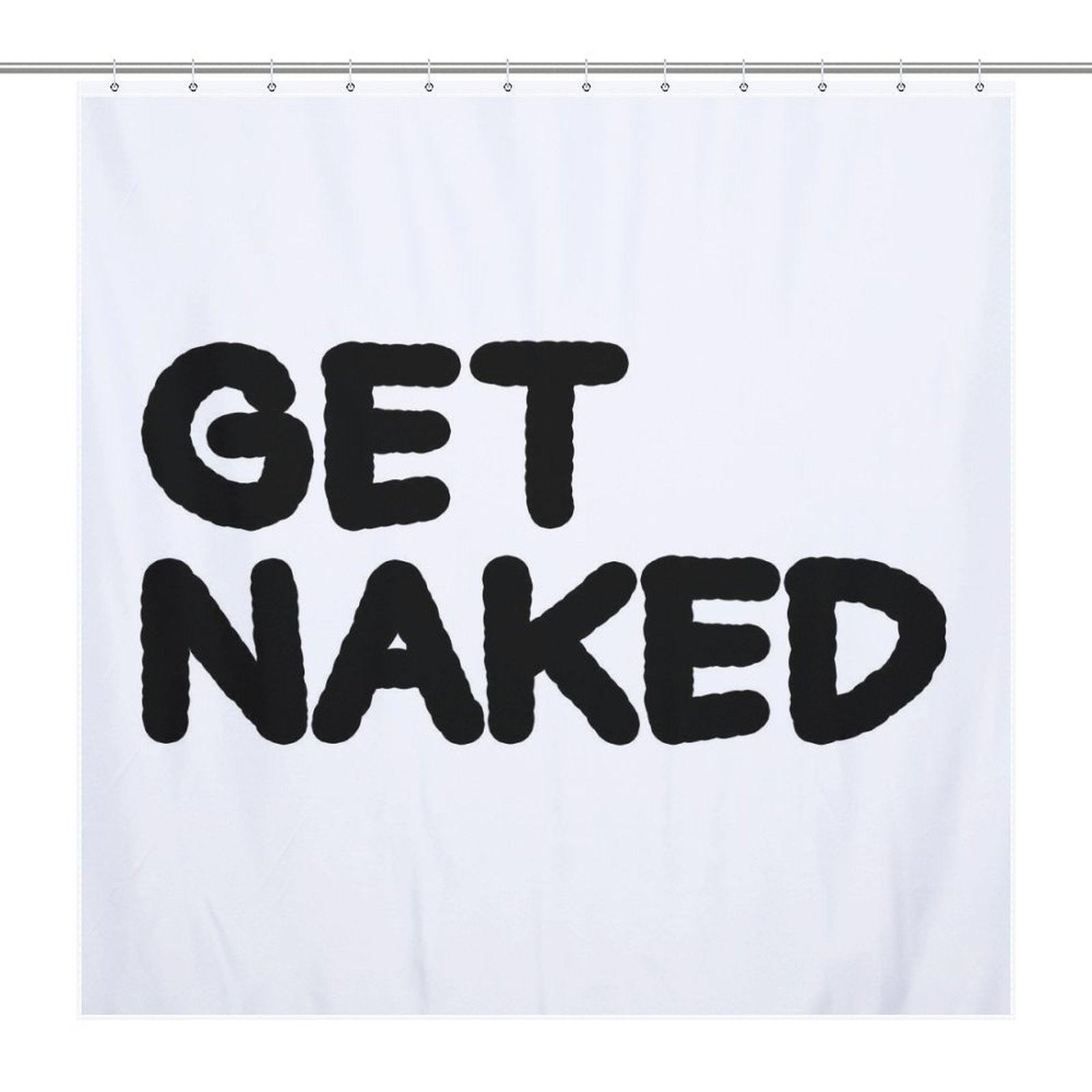 A white shower curtain with bold, black text reading "GET NAKED" adds a touch of humor and style to your bathroom. This Funny Letters Black and White Get Naked Shower Curtain-Cottoncat by Cotton Cat will surely make a statement while maintaining a sleek black-and-white design.
