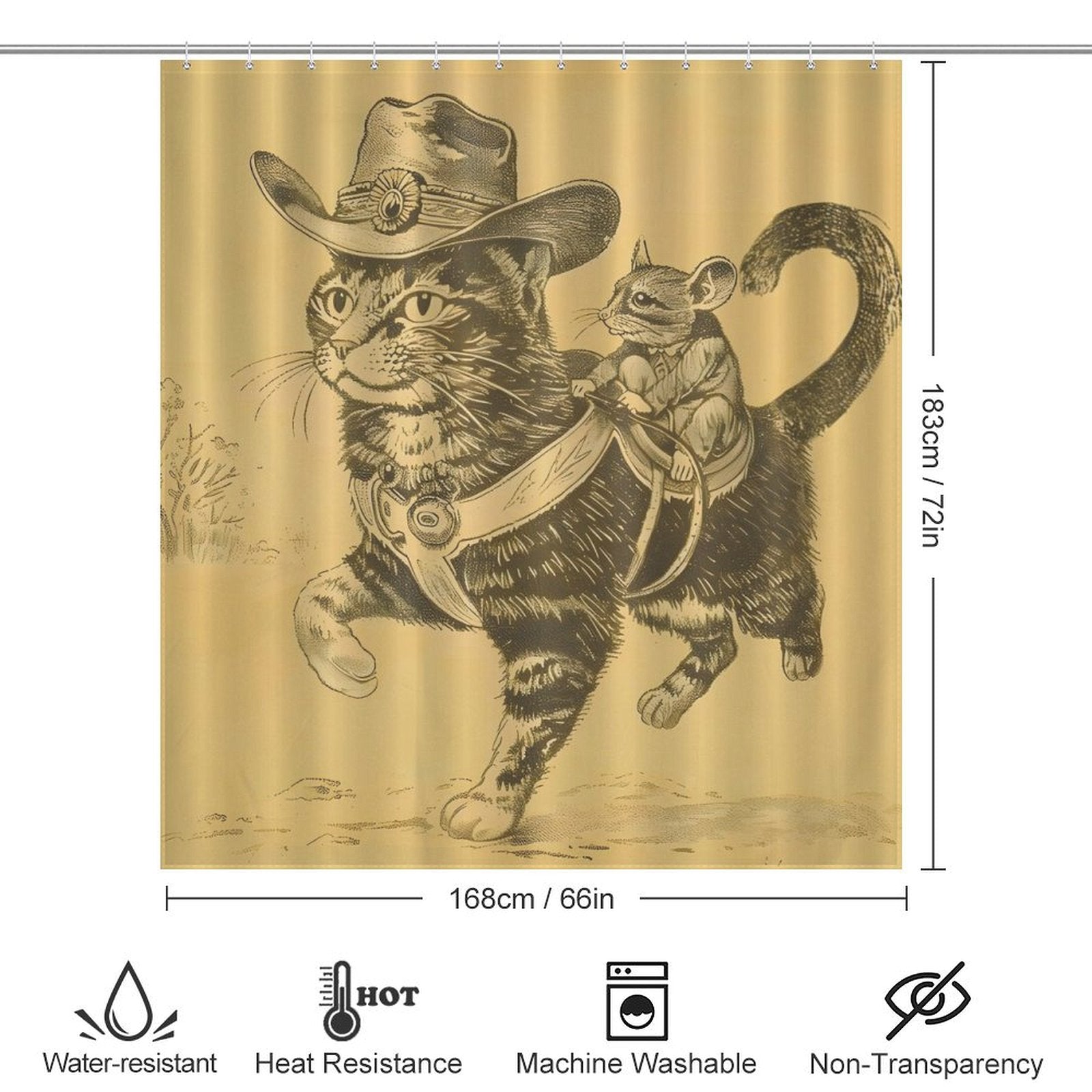 An illustrated Cotton Cat Funny Cool Mouse Riding Cat Shower Curtain, perfect for bathroom decor, features a funny cool mouse riding a cat in a cowboy outfit. It measures 183cm x 168cm and offers water resistance, heat resistance, is machine washable and non-transparent.