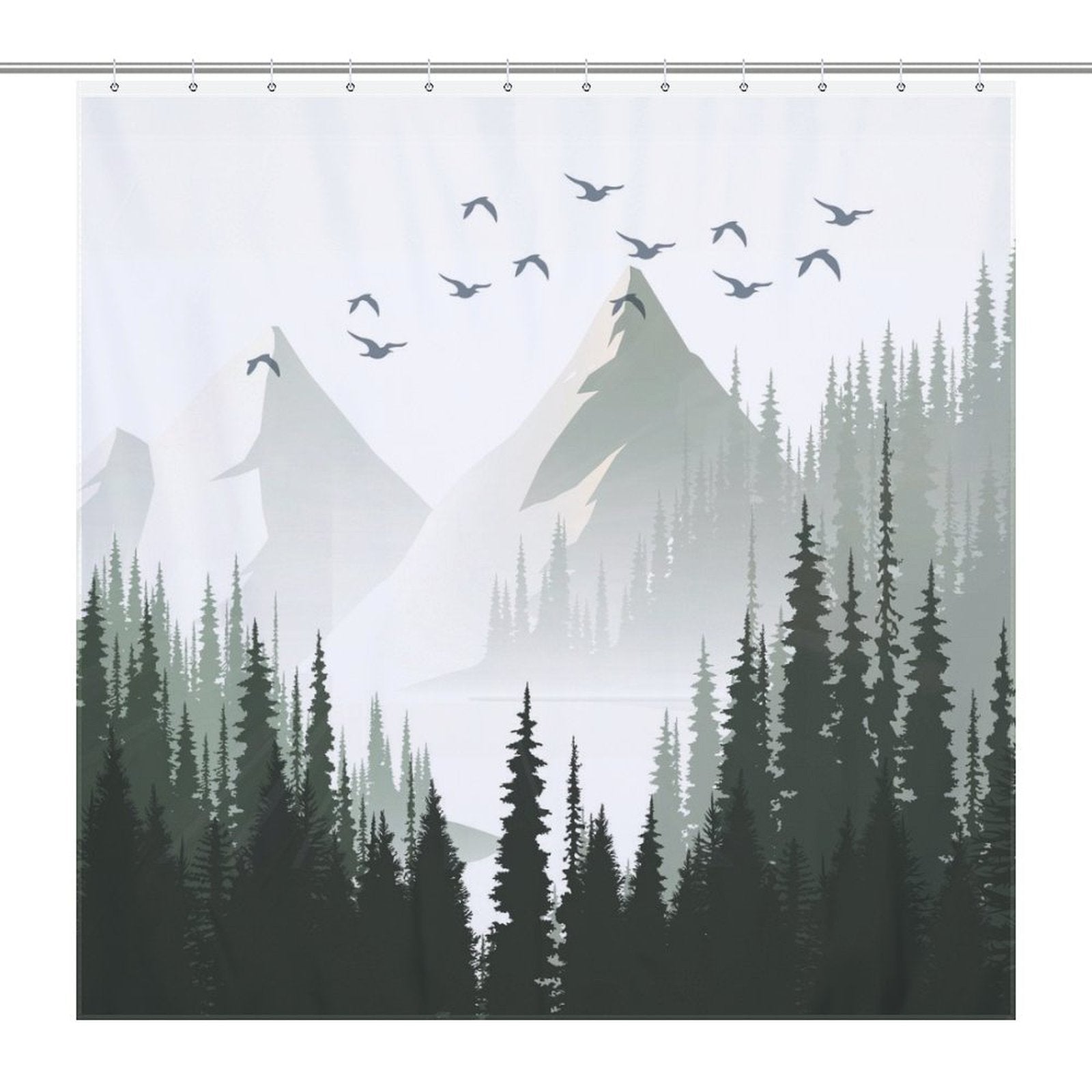 A Green Misty Forest Shower Curtain Ombre Sage Green White Nature Tree Mountain Woodland-Cottoncat by Cotton Cat featuring an illustration of a misty forest with towering evergreen trees and a flock of birds soaring in the sky, perfect for elevating your bathroom decor.