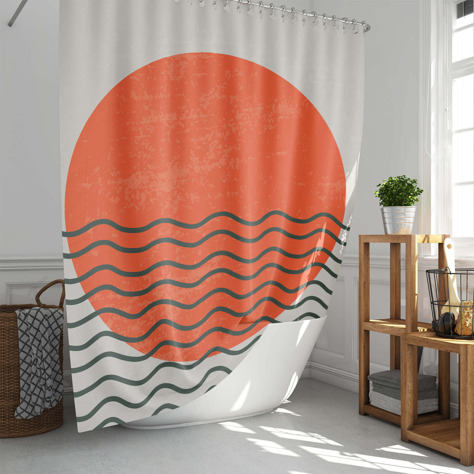 An Abstract Sun Shower Curtain-Cottoncat by Cotton Cat, with an orange sun and waves, perfect for bathroom decor.