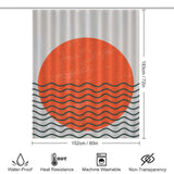 A boho art inspired Abstract Sun Shower Curtain-Cottoncat, by Cotton Cat, featuring an orange sun and waves, perfectly adding a touch of whimsy to your bathroom decor.