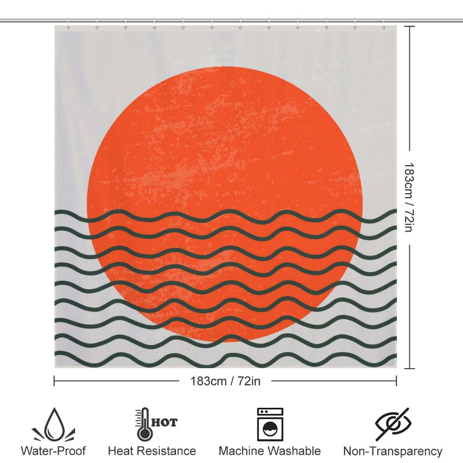 This Abstract Sun shower curtain by Cotton Cat features an orange sun and waves, adding a touch of charm to your bathroom decor.