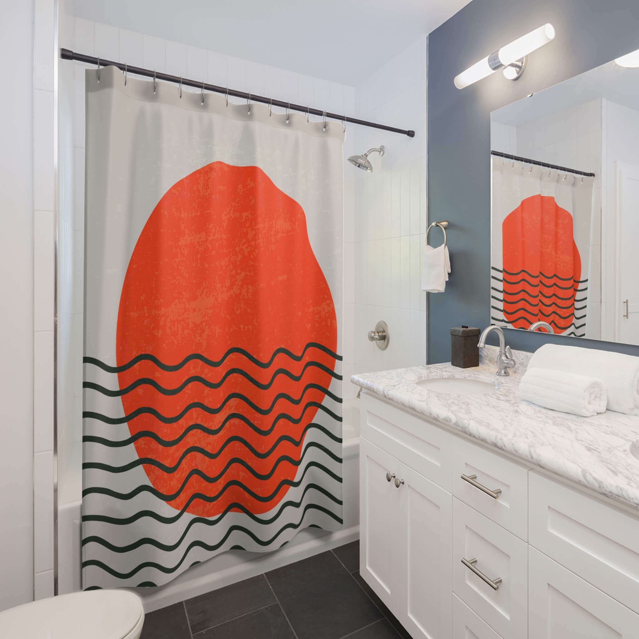 Enhance your bathroom decor with an Abstract Sun Shower Curtain-Cottoncat featuring vibrant red and orange hues by Cotton Cat.