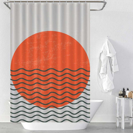 Add a touch of boho art to your bathroom decor with this vibrant Abstract Sun Shower Curtain-Cottoncat from Cotton Cat featuring an orange sun and waves.