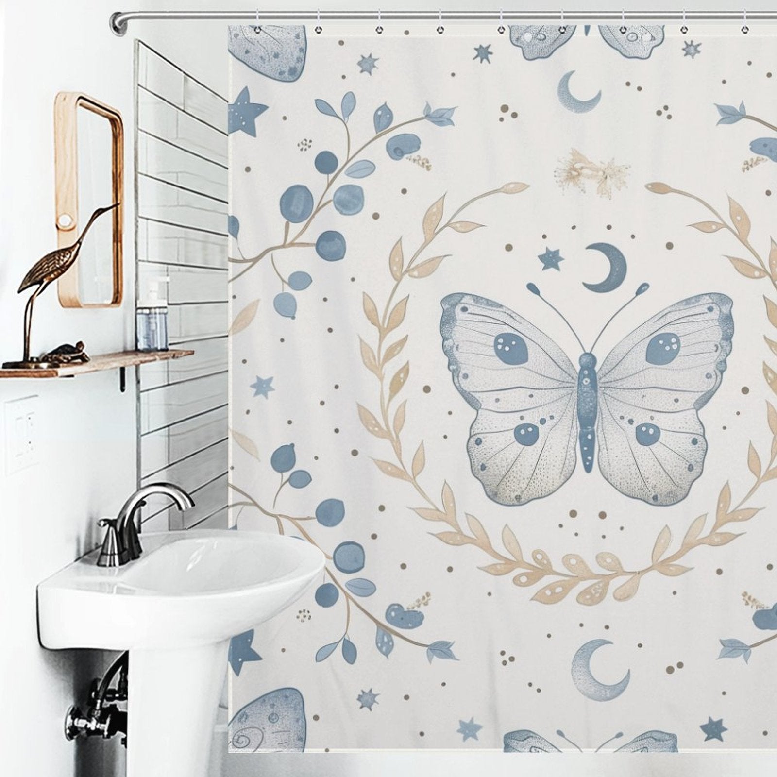 Abstract Butterfly Leaves Moon Boho Shower Curtain