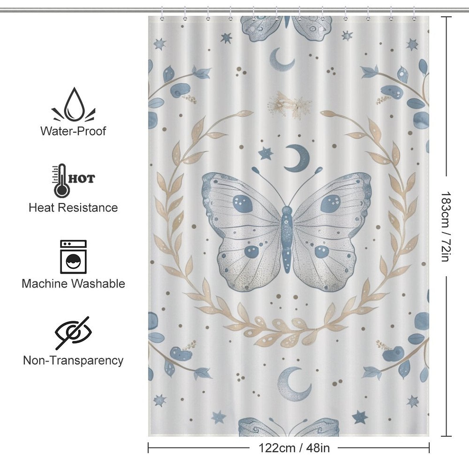 Abstract Butterfly Leaves Moon Boho Shower Curtain