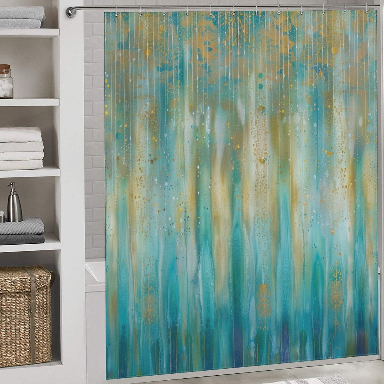 Abstract Teal and Gold Boho Shower Curtain