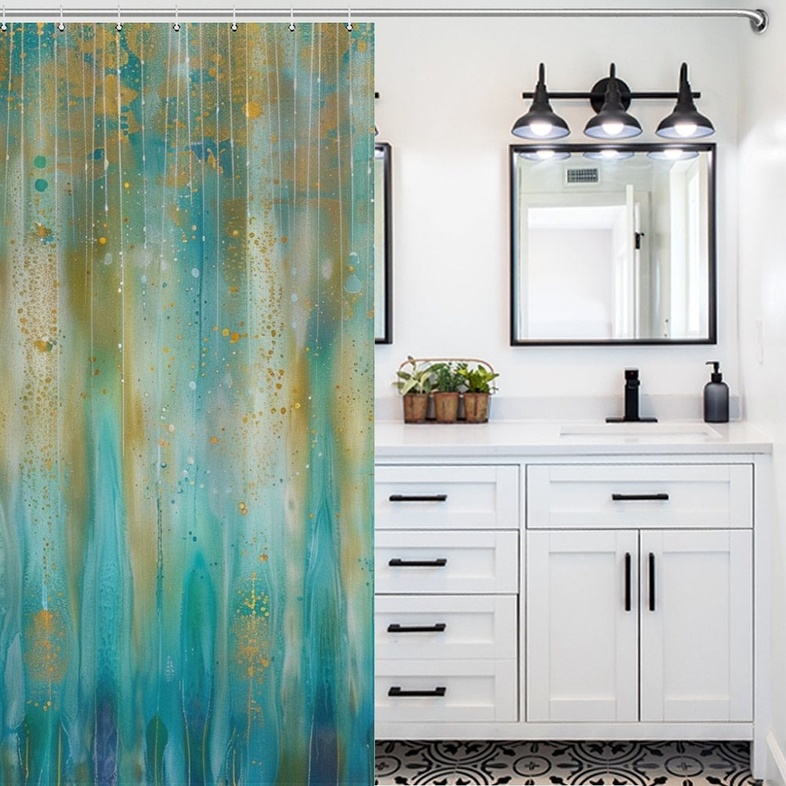 Abstract Teal and Gold Boho Shower Curtain