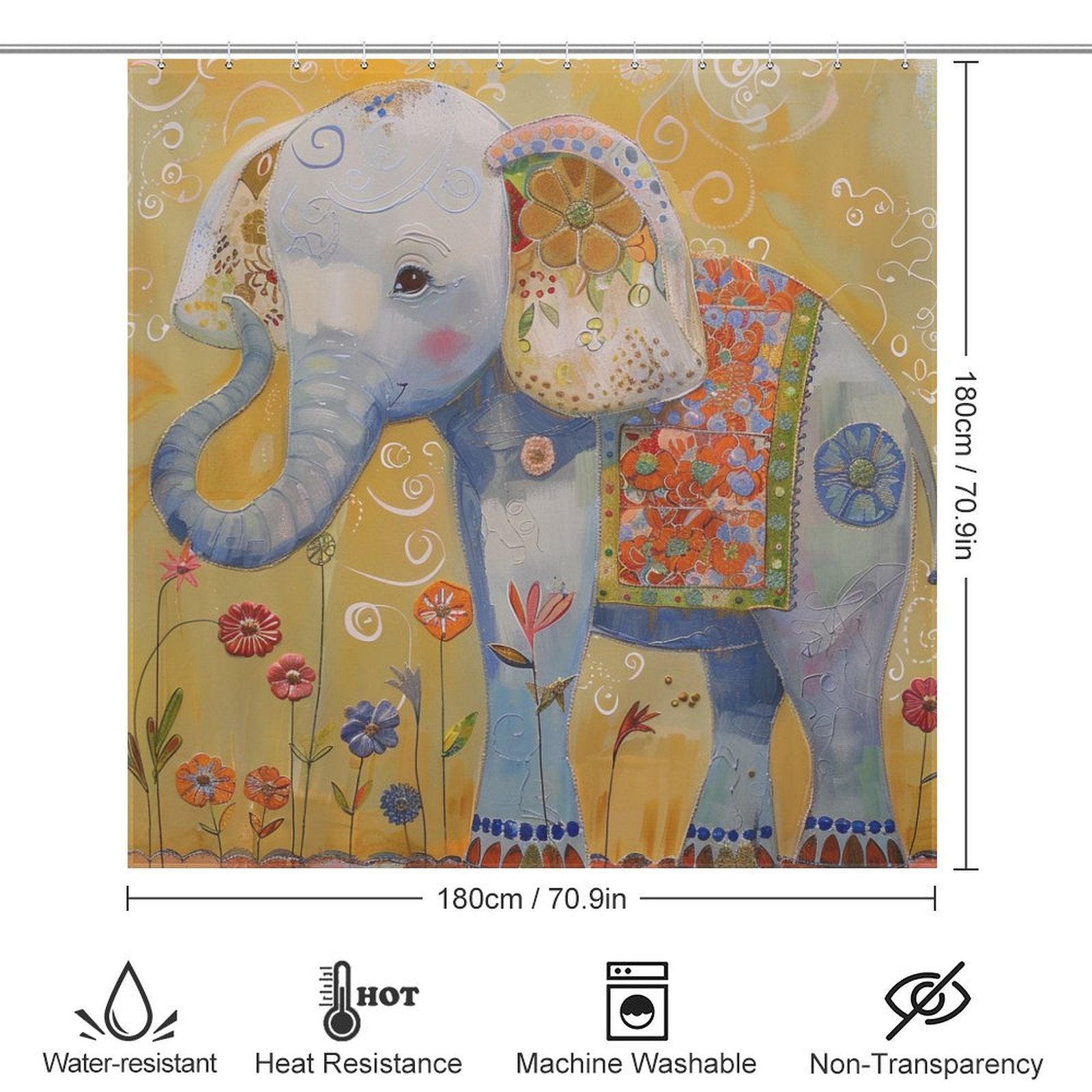 Artistic Cute Colourful Elephant Shower Curtain-Cottoncat by Cotton Cat, with floral patterns, measuring 180cm by 180cm. Features water-resistance, heat resistance, machine washability, and non-transparency.