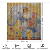A colorful, patterned elephant illustration adorns this Cotton Cat Artistic Cute Colourful Elephant Shower Curtain-Cottoncat. Measuring 183cm x 168cm, it features icons for water resistance, heat resistance, machine washability, and non-transparency.