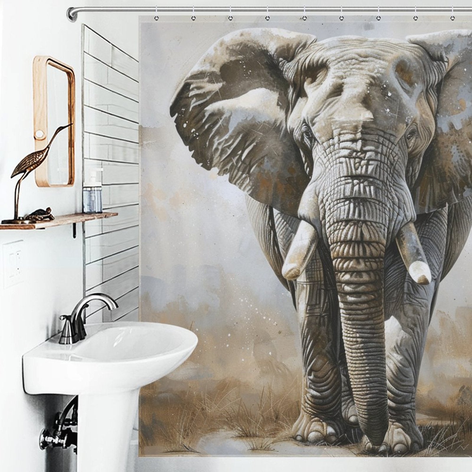 Bathroom with white sink, a rectangular mirror, and an Artistic Grey Elephant Shower Curtain-Cottoncat by Cotton Cat offering intricate bathroom decor.