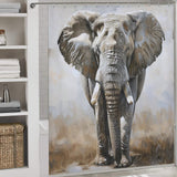 The Artistic Grey Elephant Shower Curtain-Cottoncat by Cotton Cat, featuring a large, detailed image of an elephant, stands next to a bathroom shelf with towels and other toiletries. This piece of bathroom decor adds a touch of sophistication to any space.