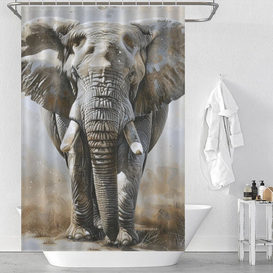 Introducing the Artistic Grey Elephant Shower Curtain-Cottoncat by Cotton Cat, featuring a sophisticated grey elephant design facing forward. This elegant piece of bathroom decor perfectly complements a white bathtub adorned with various toiletries and a neatly hung white towel nearby.