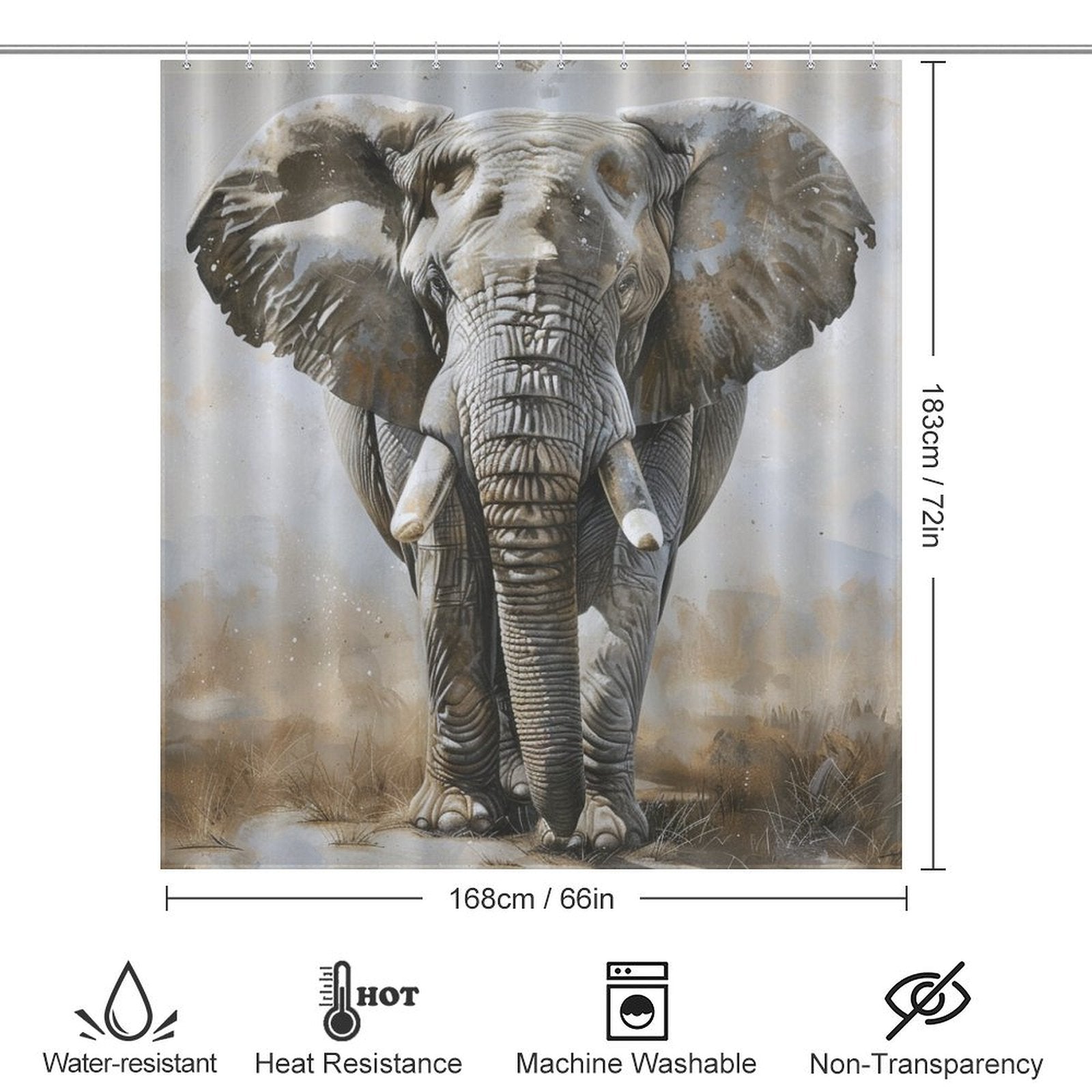 Discover the Artistic Grey Elephant Shower Curtain-Cottoncat by Cotton Cat, perfect for enhancing your bathroom decor. It features an elegant front view of an elephant with outstretched ears. Product details include dimensions (183cm x 168cm) and sophisticated design elements like water and heat resistance.