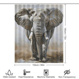 A sophisticated Artistic Grey Elephant Shower Curtain-Cottoncat by Cotton Cat featuring a detailed elephant print. Measuring 183 cm (72 in) by 152 cm (60 in), this elegant addition to bathroom decor is water-resistant, heat-resistant, machine washable, and non-transparent.