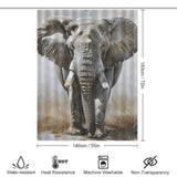 Image of an Artistic Grey Elephant Shower Curtain-Cottoncat featuring a sophisticated design. Dimensions are 183cm by 140cm. Icons indicate it is water-resistant, heat-resistant, machine washable, and non-transparent—perfect bathroom decor by Cotton Cat.