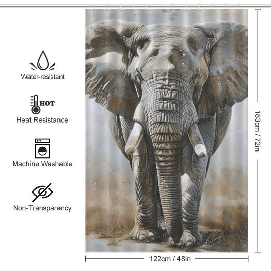 Introducing the Artistic Grey Elephant Shower Curtain-Cottoncat by Cotton Cat, a sophisticated design for your bathroom decor. This water-resistant and heat-resistant curtain features a realistic elephant design, is machine washable, non-transparent, and measures 122 cm x 183 cm.