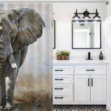 A bathroom features a white vanity with black fixtures, a wall-mounted light with three bulbs above two mirrors, and an Artistic Grey Elephant Shower Curtain-Cottoncat by Cotton Cat that adds a touch of sophisticated design to the overall decor.