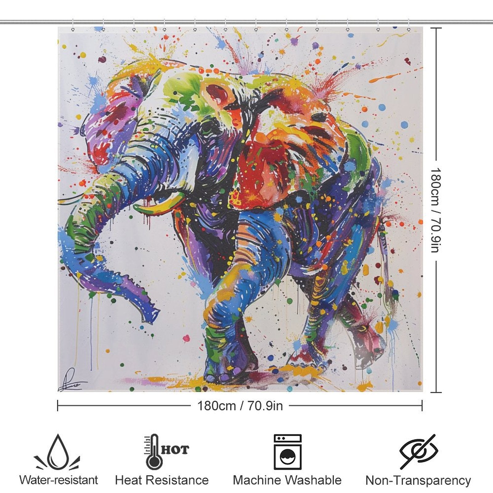 The Cotton Cat Artistic Painting Happy Elephant Shower Curtain-Cottoncat features a colorful elephant painting design. Measuring 180cm by 180cm, the curtain is waterproof, heat-resistant, machine washable, and non-transparent. Icons illustrate these features.