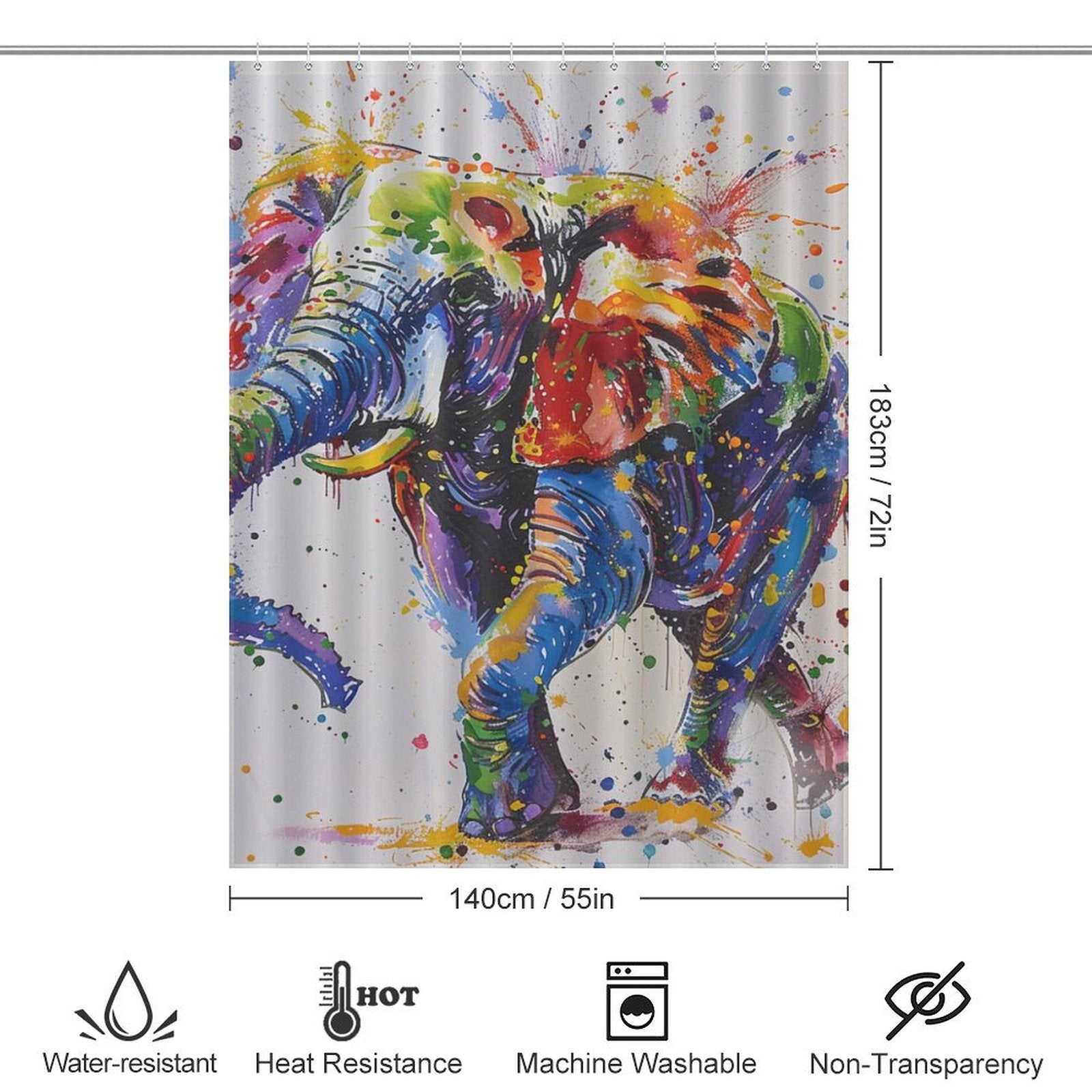 Introducing the Artistic Painting Happy Elephant Shower Curtain-Cottoncat by Cotton Cat, featuring a colorful, abstract elephant design measuring 183cm x 140cm. This waterproof curtain is heat resistant, machine washable, and non-transparent—perfect for adding a touch of creativity to your bathroom.