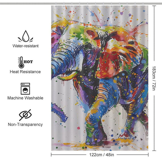 Introducing the Artistic Painting Happy Elephant Shower Curtain-Cottoncat by Cotton Cat, featuring a colorful elephant painting design. Made from high-quality polyester, it boasts features like water resistance, heat resistance, machine washability, and non-transparency. Dimensions: 122cm by 183cm (48in by 72in).