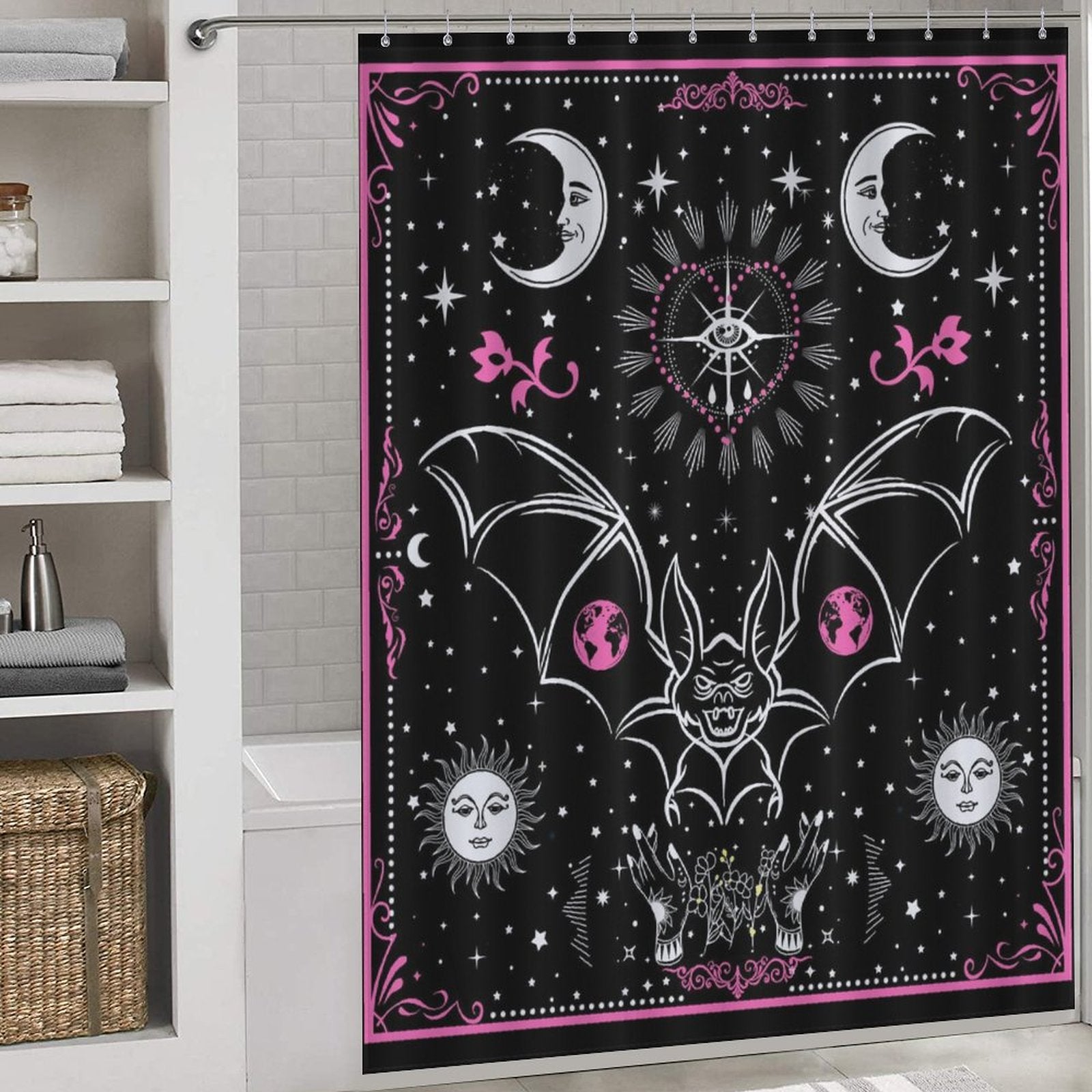 A Tarot Bat Shower Curtain with a tarot card design featuring bats and moons by Cotton Cat.