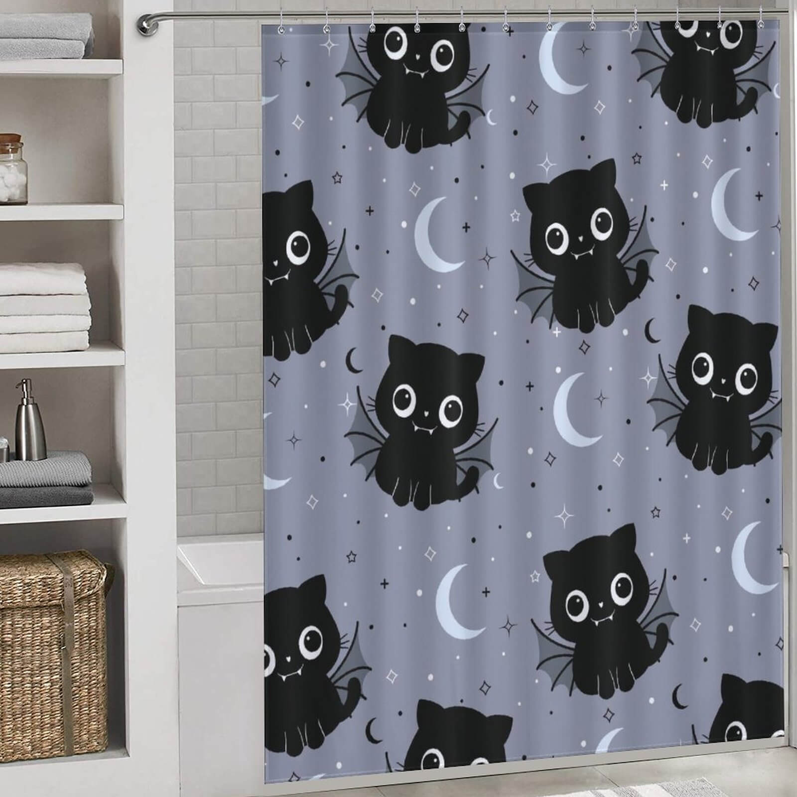 Cute and captivating Cat Bat Shower Curtain with moon and stars, perfect for a bathroom renovation.