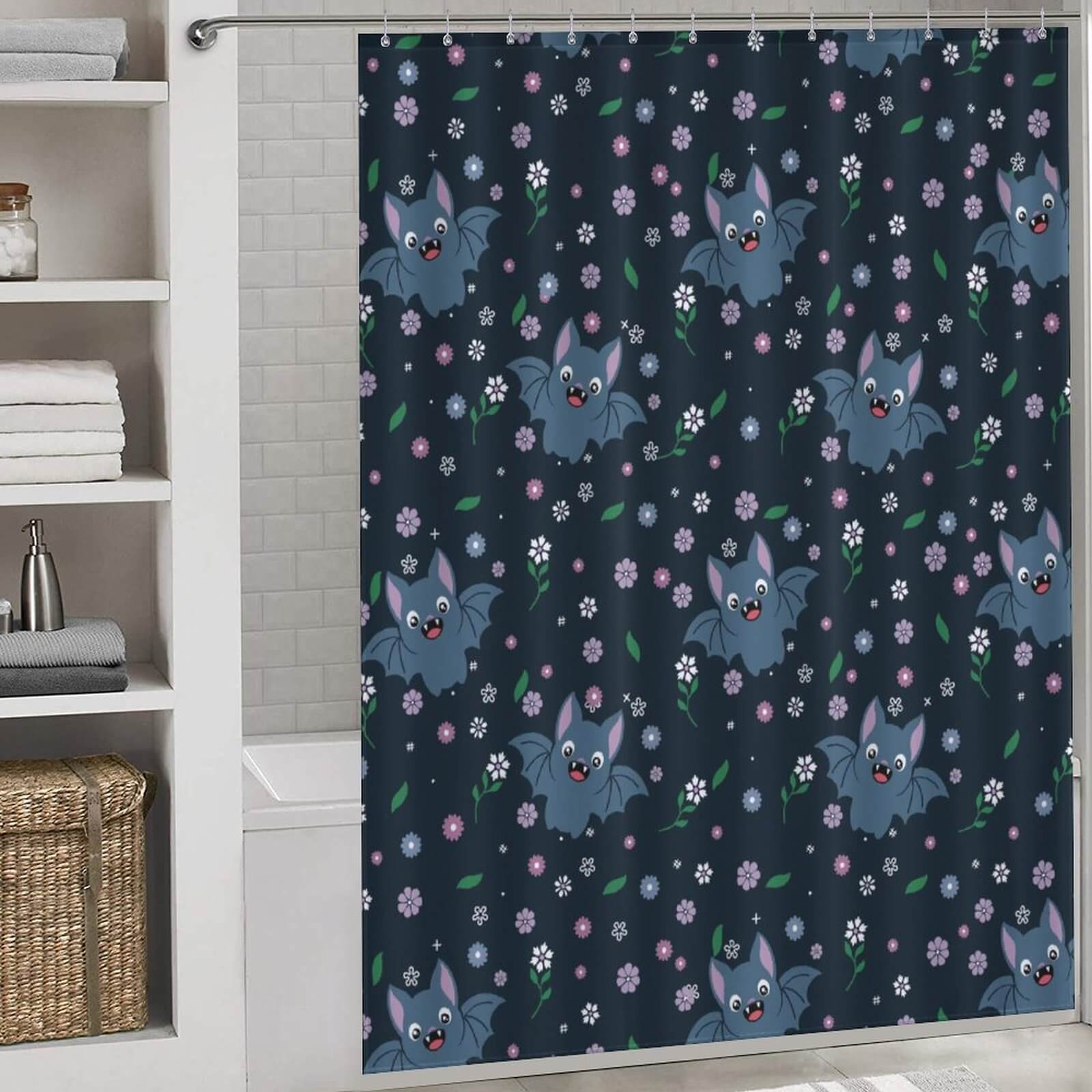 A bathroom with a Baby Bat Shower Curtain-Cottoncat featuring gothic aesthetics and waterproof properties by Cotton Cat.