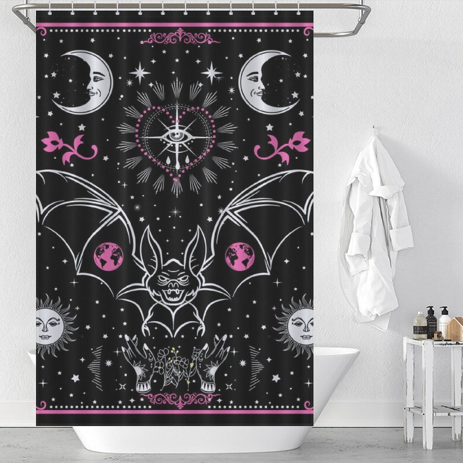 A Tarot Bat Shower Curtain-Cottoncat with bats and moons on it.