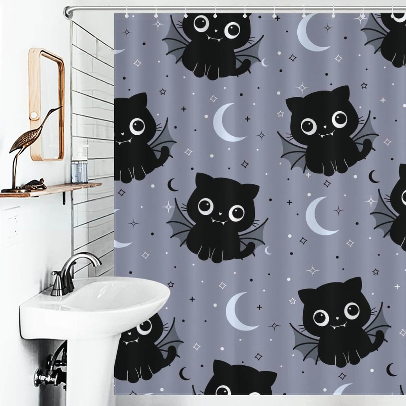 This captivating Cat Bat Shower Curtain by Cottoncat features a cute design with a moon and stars, making it the perfect addition to your bathroom decor.