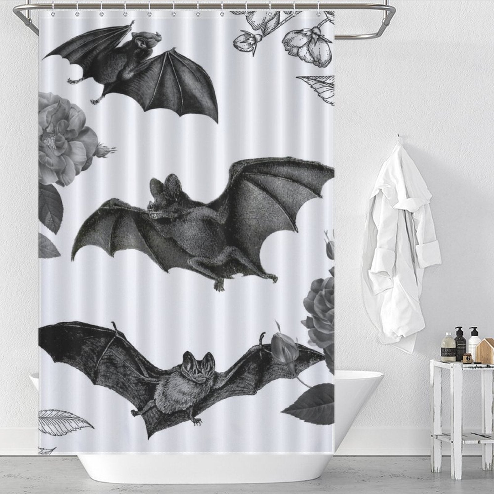 An elegant Gothic Bat shower curtain with bats and flowers, designed for gothic enthusiasts, by Cotton Cat.