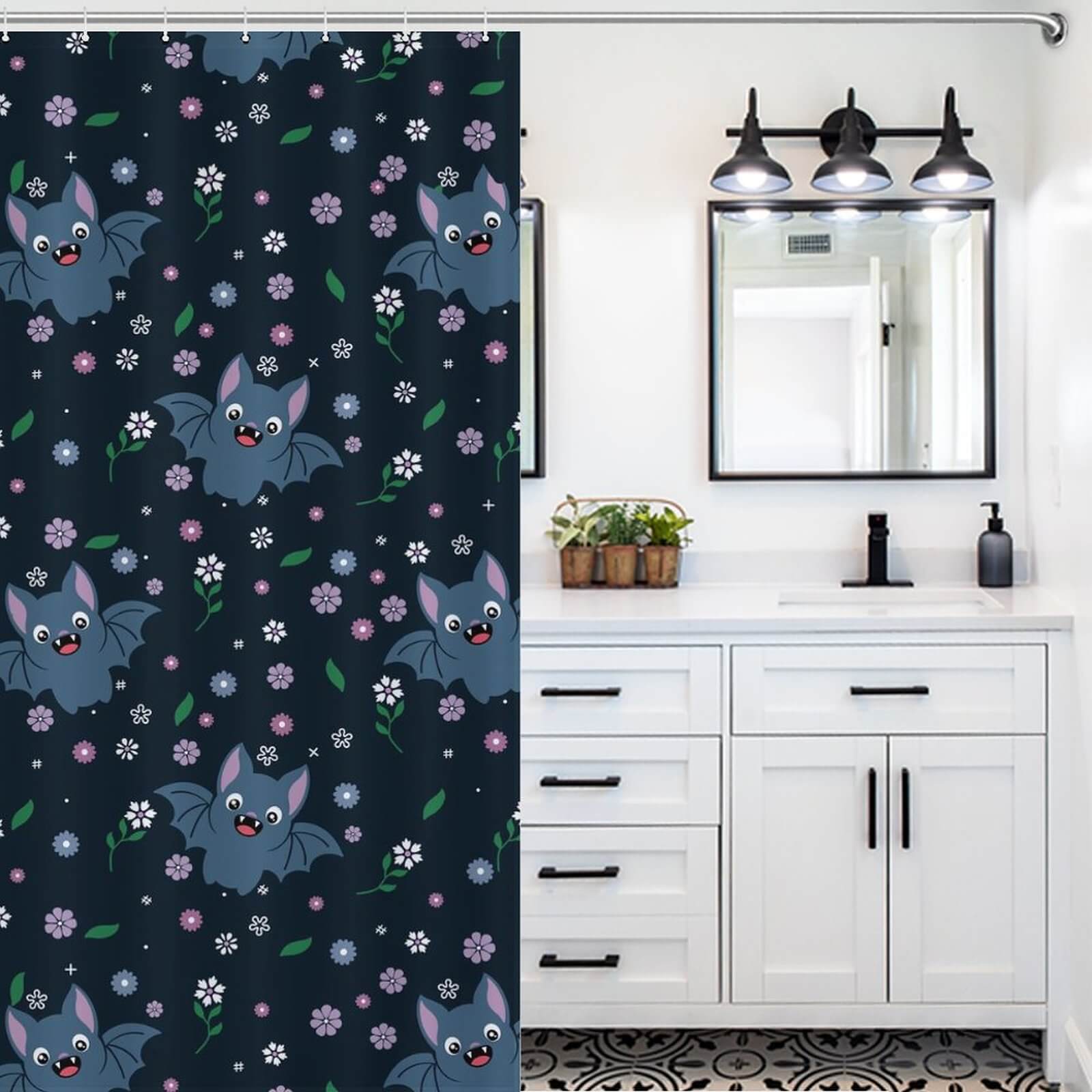A bathroom with a Waterproof Baby Bat Shower Curtain by Cotton Cat, featuring gothic aesthetics and a baby bat design.