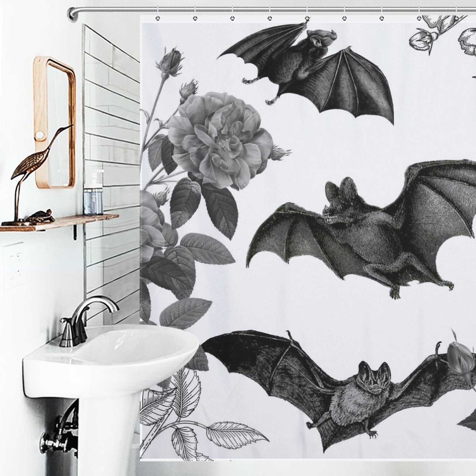 A Gothic Bat Shower Curtain-Cottoncat with gothic elegance, featuring bats and roses in black and white.