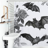 A Gothic Bat Shower Curtain-Cottoncat with gothic elegance, featuring bats and roses in black and white.