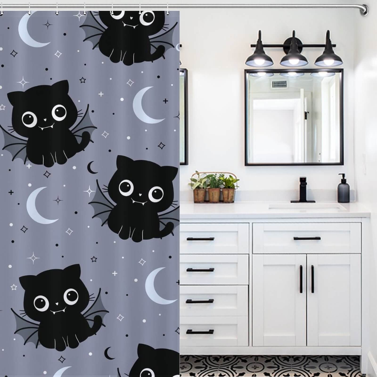 A bathroom with a cute and captivating design featuring the 'Cat Bat Shower Curtain' by Cotton Cat, featuring a black cat and moon.