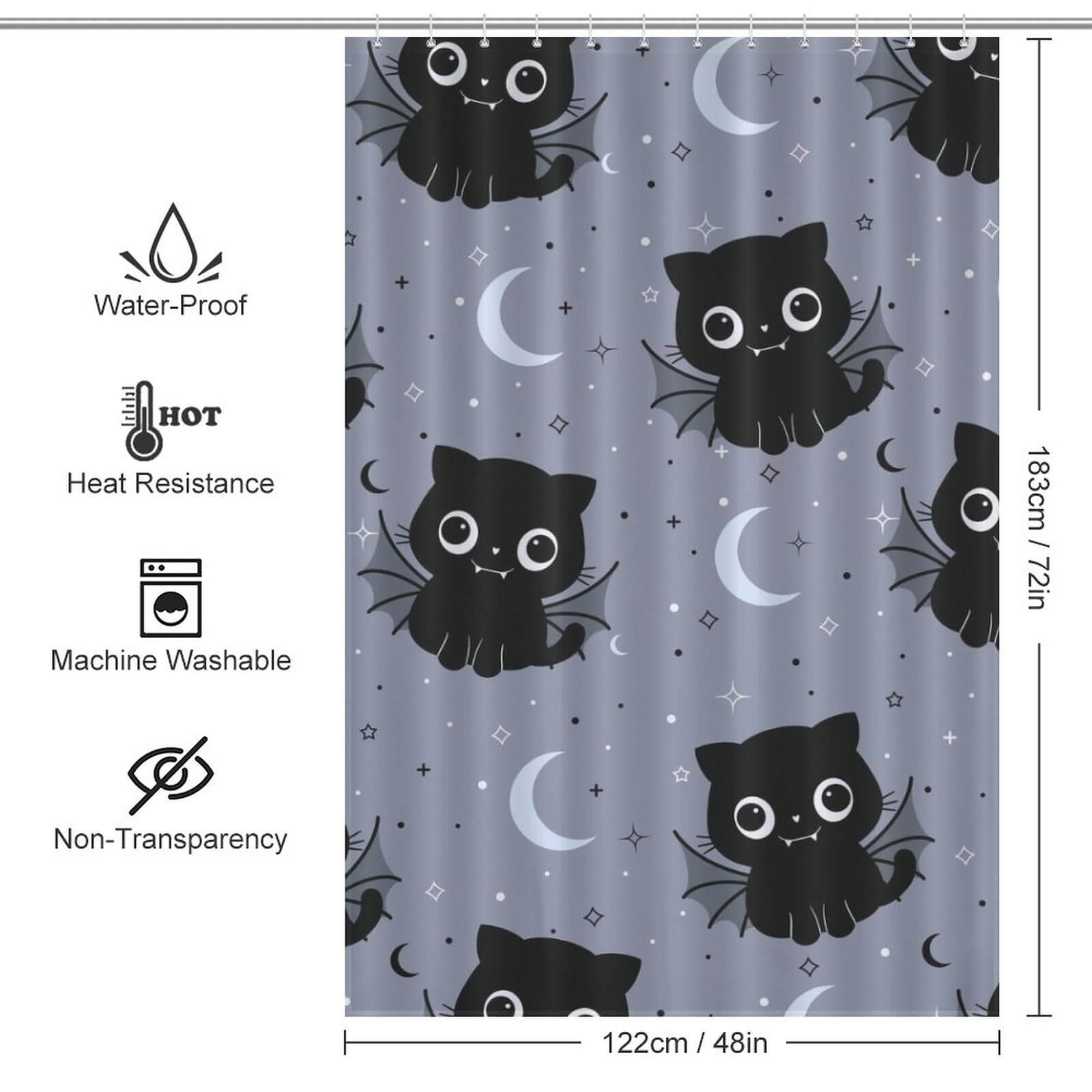 A cute and captivating Cat Bat Shower Curtain-Cottoncat for your bathroom, featuring a black cat and moon, complete with measurements.