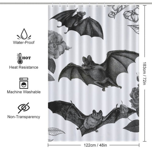 A waterproof Gothic Bat Shower Curtain-Cottoncat featuring gothic elegance with bats and roses in black and white.