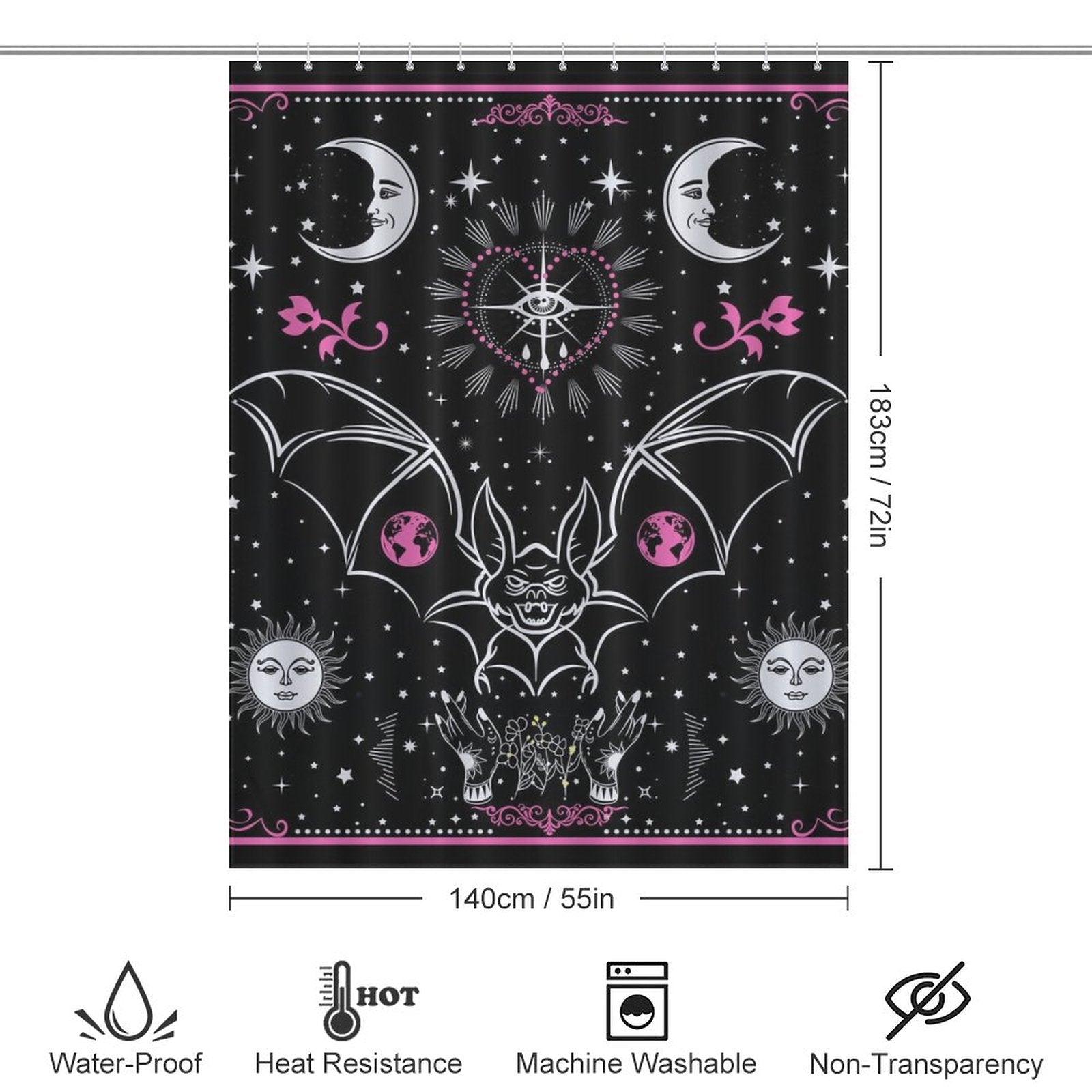 A black and pink Tarot Bat Shower Curtain-Cottoncat with bats, moons, and a tarot card design.