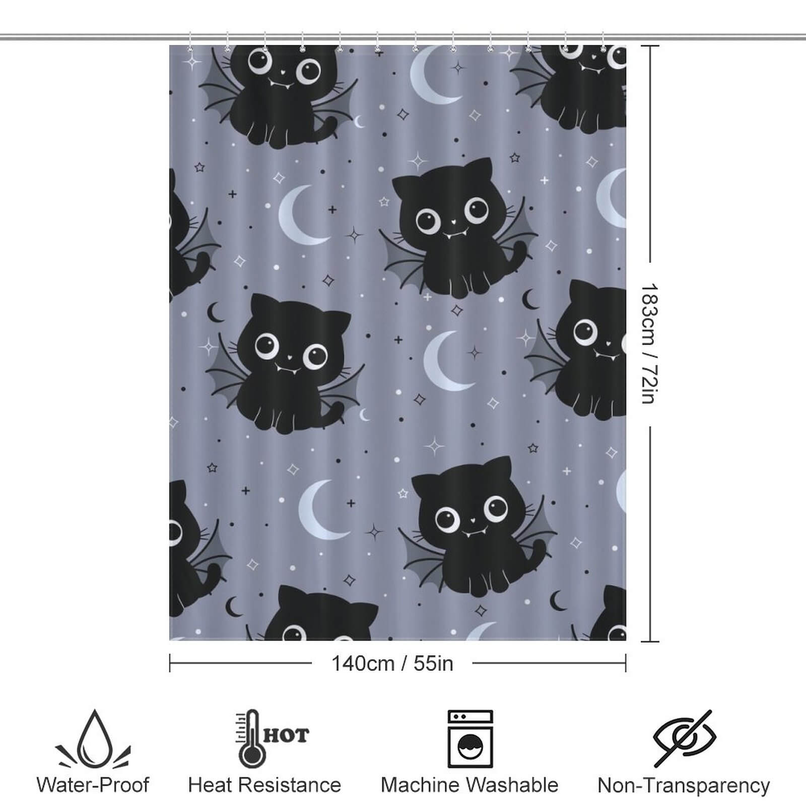 A cute black Cat Bat shower curtain with a captivating moon and stars pattern for your bathroom. (Brand: Cotton Cat)