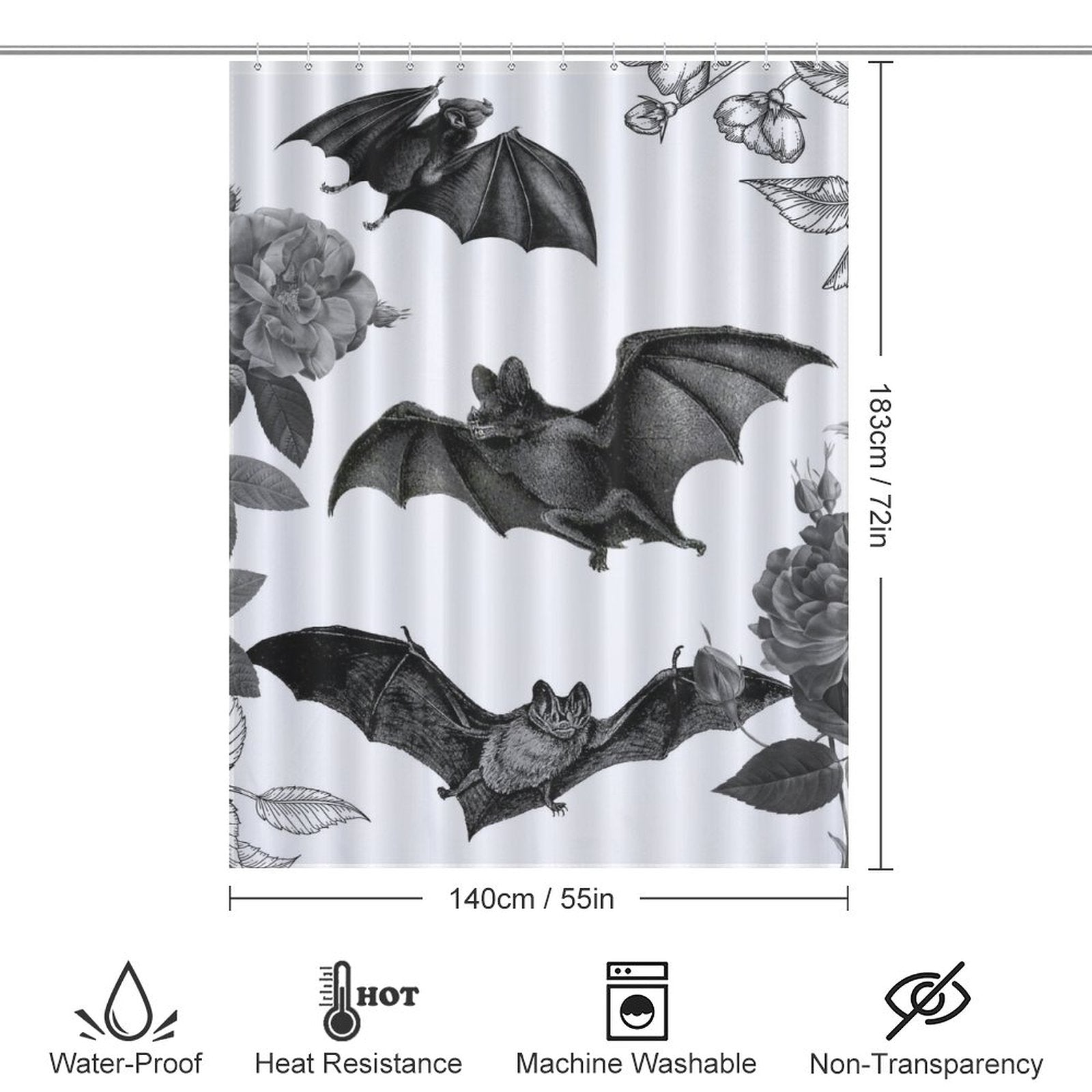 This Gothic Bat Shower Curtain by Cotton Cat adds a touch of gothic elegance with black and white roses.