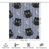 A cute and captivating Cat Bat shower curtain perfect for a bathroom, featuring a black cat design with moon and stars by Cotton Cat.