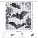 A waterproof Gothic Bat shower curtain adorned with bats and roses, exuding gothic elegance from Cotton Cat.