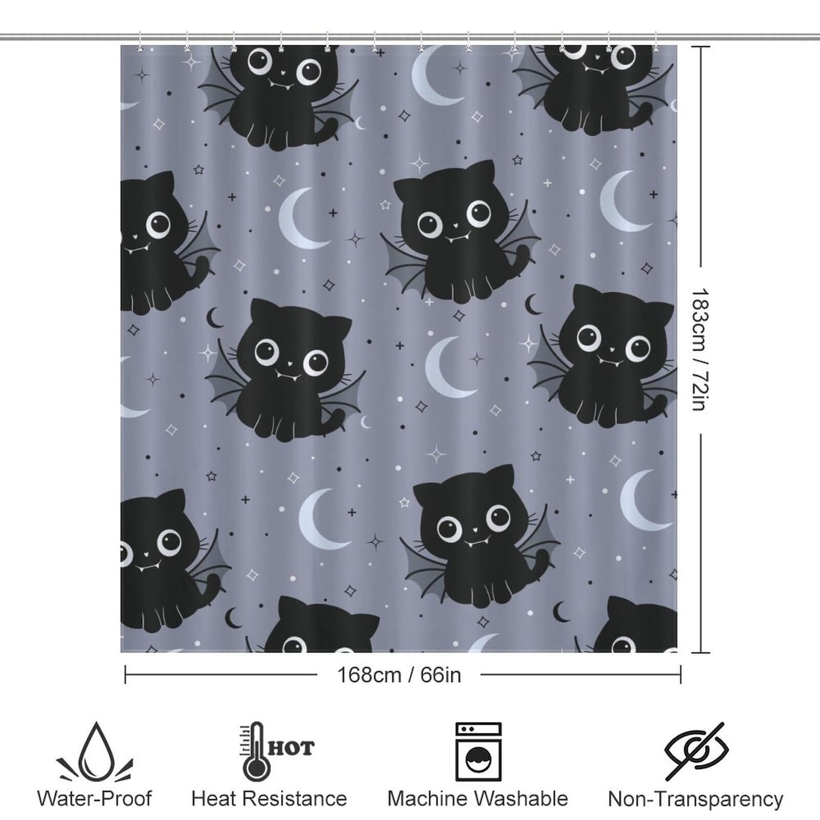 Transform your bathroom into a captivating space with the Cotton Cat Bat Shower Curtain-Cottoncat adorned with a mesmerizing moon and stars design.