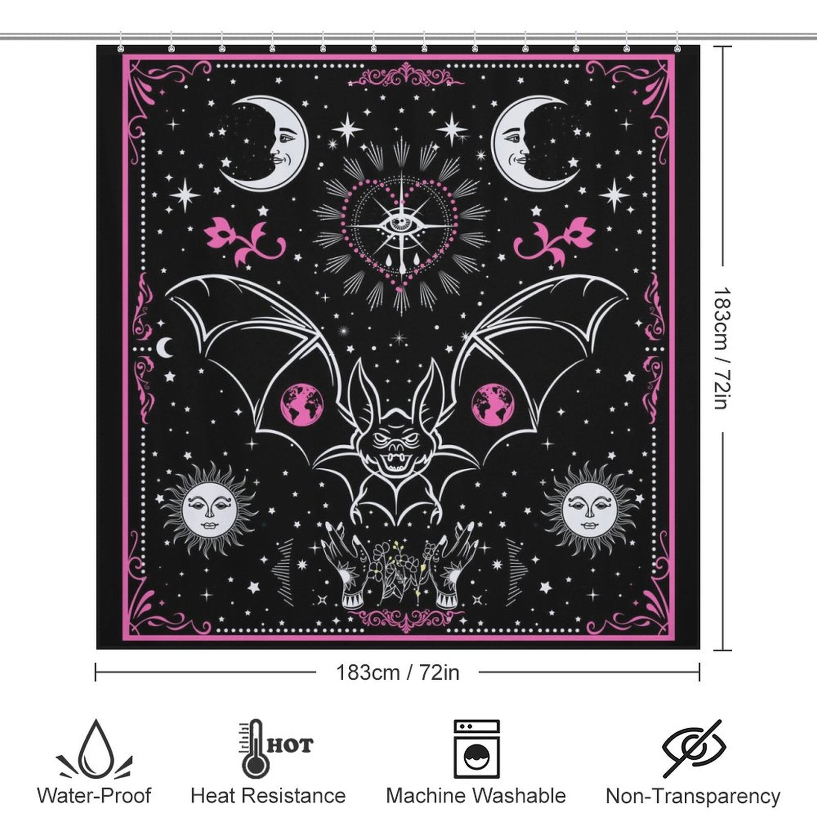A waterproof Tarot Bat Shower Curtain-Cottoncat with bats and moons on it.