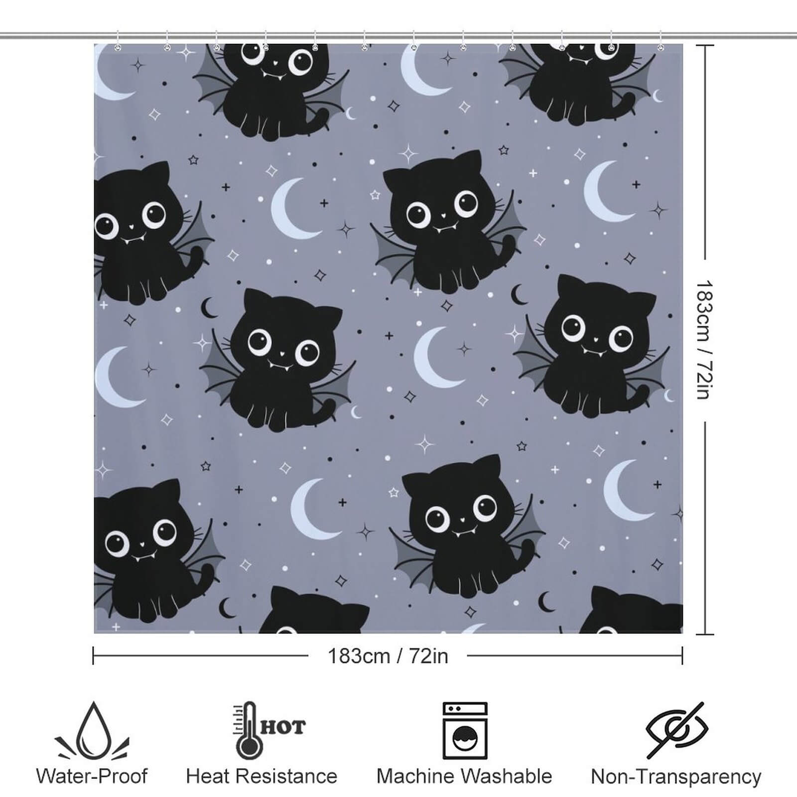 A cute and captivating design featuring a black Cat Bat Shower Curtain-Cottoncat with moon and stars on a grey background, perfect for bathroom décor.