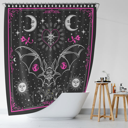 A Tarot Bat Shower Curtain with bats and moons on it by Cotton Cat.