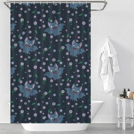 A gothic-inspired Baby Bat Shower Curtain-Cottoncat, adorned with both delicate flowers and cute baby bats. This waterproof curtain adds a touch of unique charm to any bathroom space.