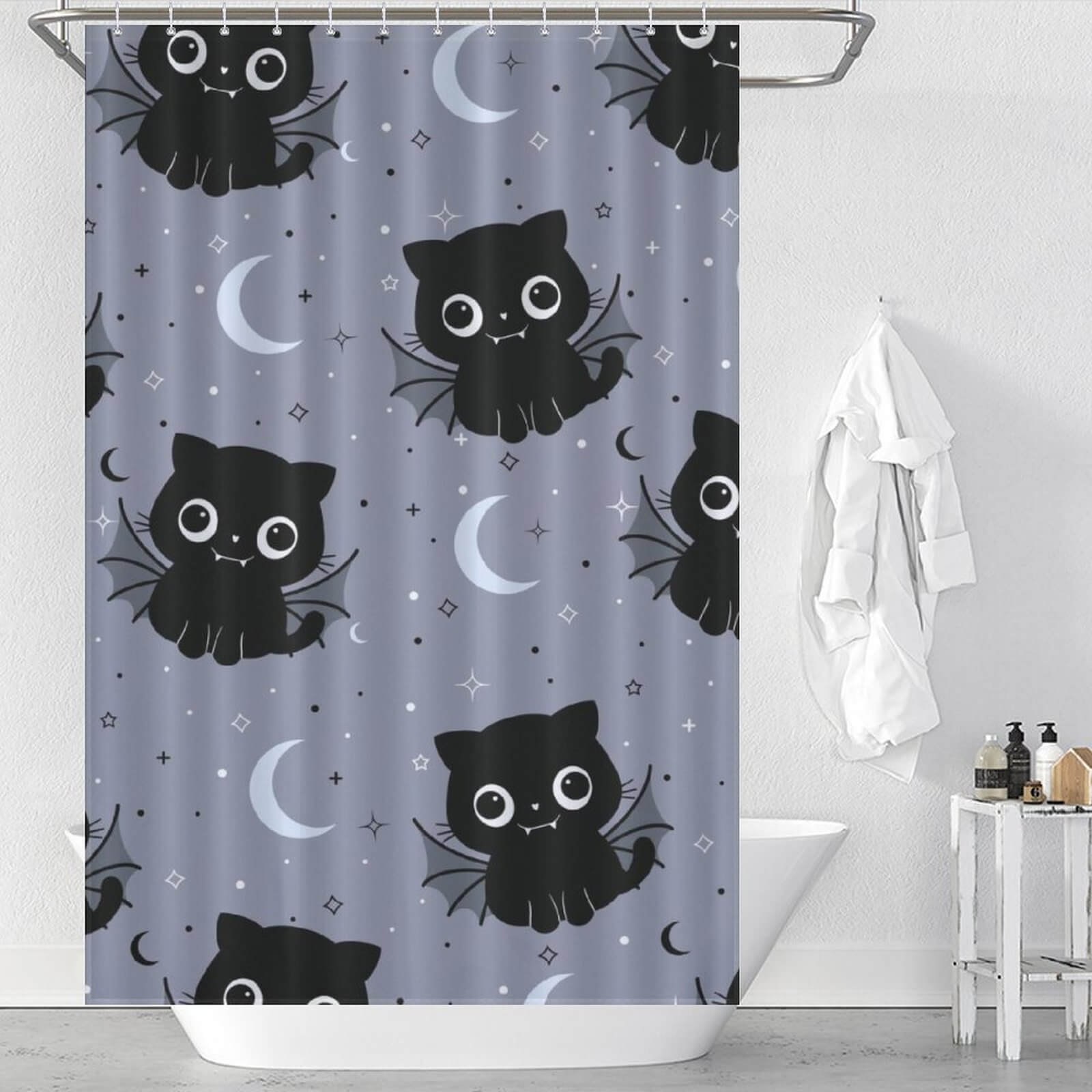 Cute and captivating Cotton Cat black cat shower curtain featuring a moon and stars design, perfect for adding personality to your bathroom.